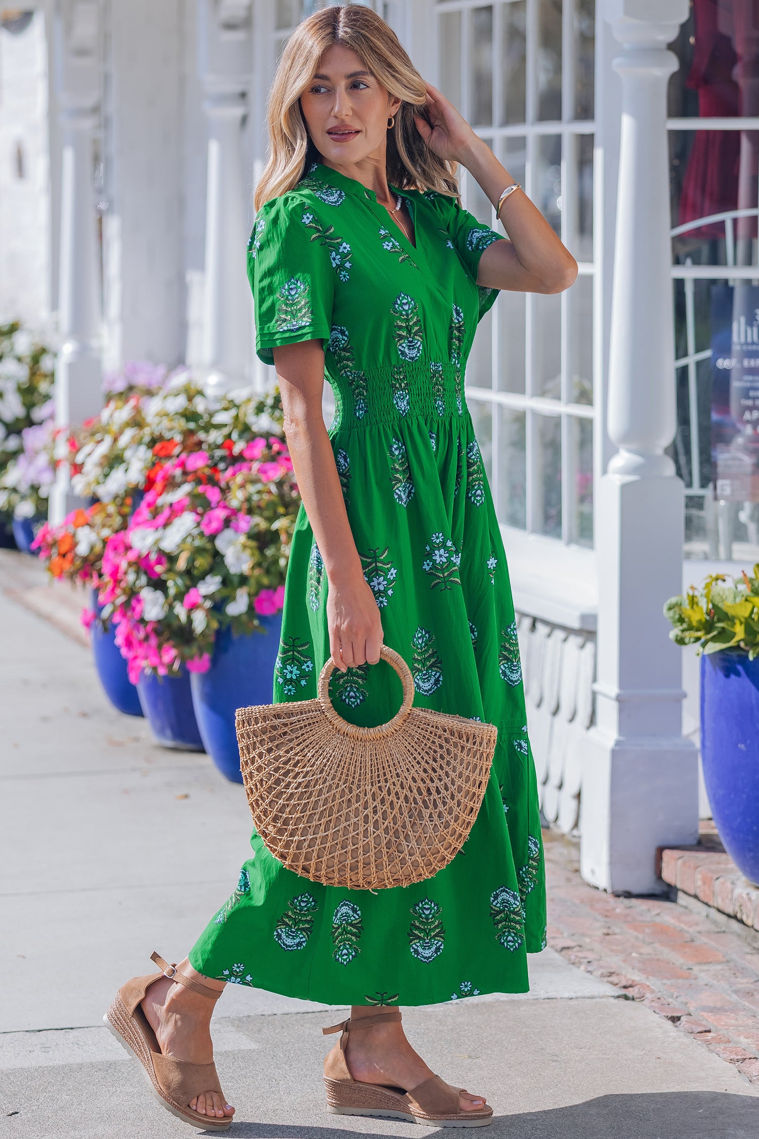 Kim's Green Floral Print Split Neck Shirred High Waist Ruffle Hem Maxi Dress