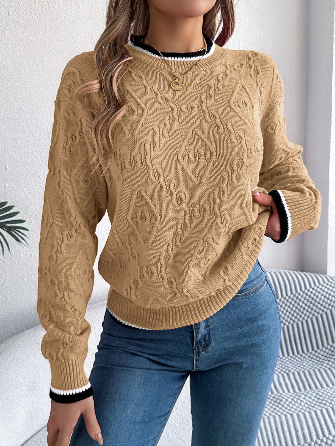 Blue Zone Planet | Contrast Trim Round Neck Long Sleeve Sweater-TOPS / DRESSES-[Adult]-[Female]-Tan-S-2022 Online Blue Zone Planet