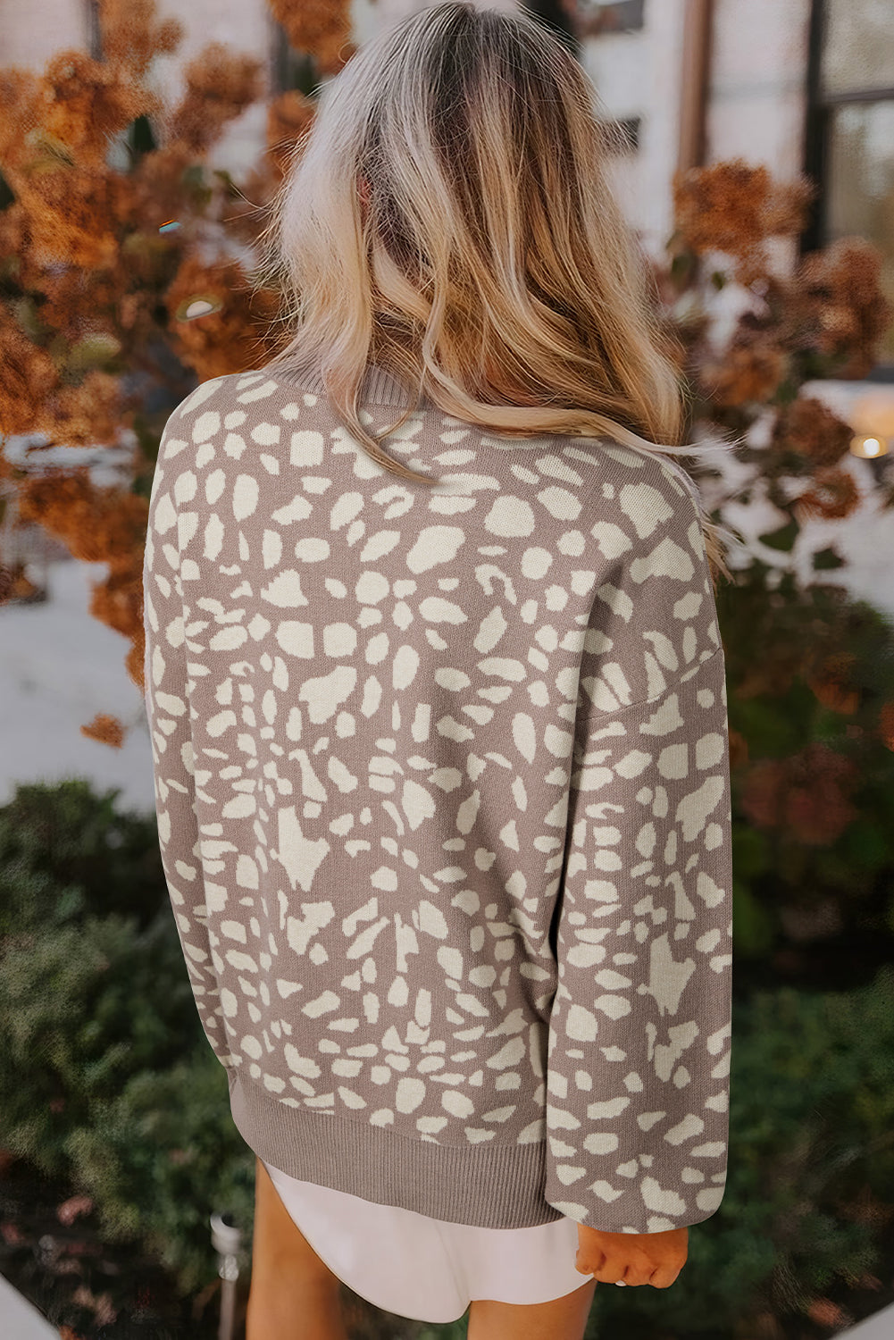 Gray Leopard Spots Pattern Ribbed Trim Drop Shoulder Sweater-TOPS / DRESSES-[Adult]-[Female]-2022 Online Blue Zone Planet