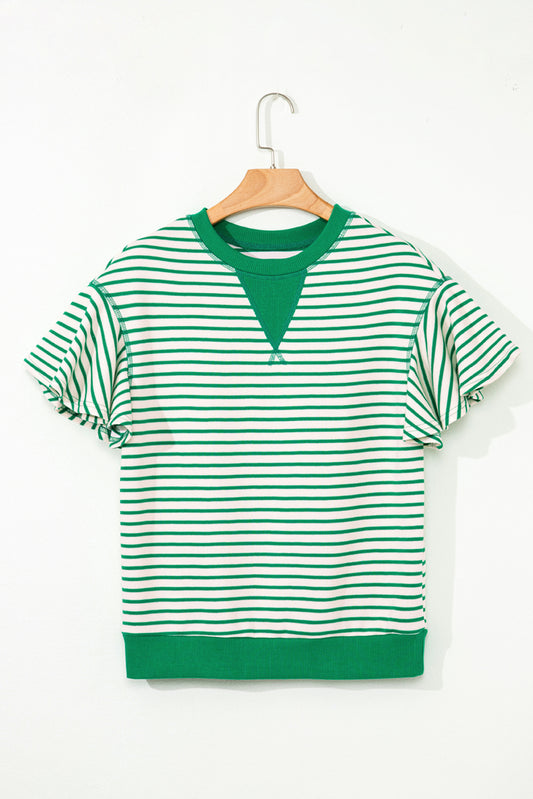 Bright Green Contrast Detail Striped Ruffle Short Sleeve Top-Tops/Blouses & Shirts-[Adult]-[Female]-2022 Online Blue Zone Planet