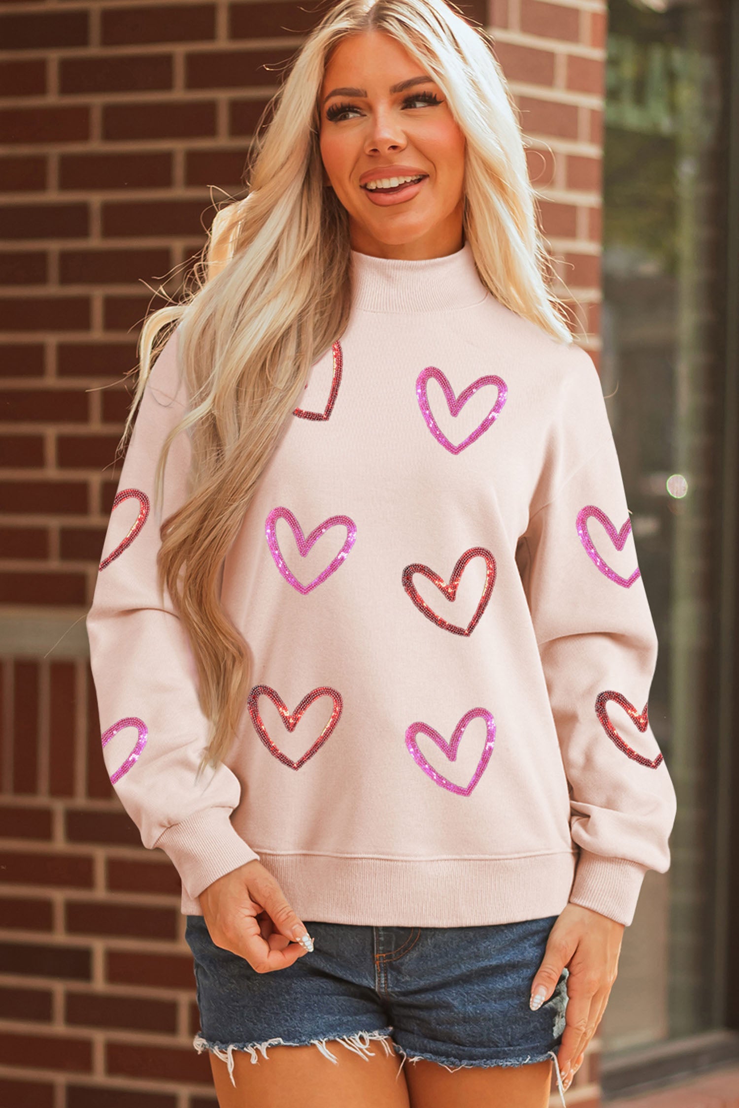 Apricot Pink Sequin Heart Sketch Patched Mock Neck Sweatshirt-Graphic Sweatshirts-[Adult]-[Female]-2022 Online Blue Zone Planet