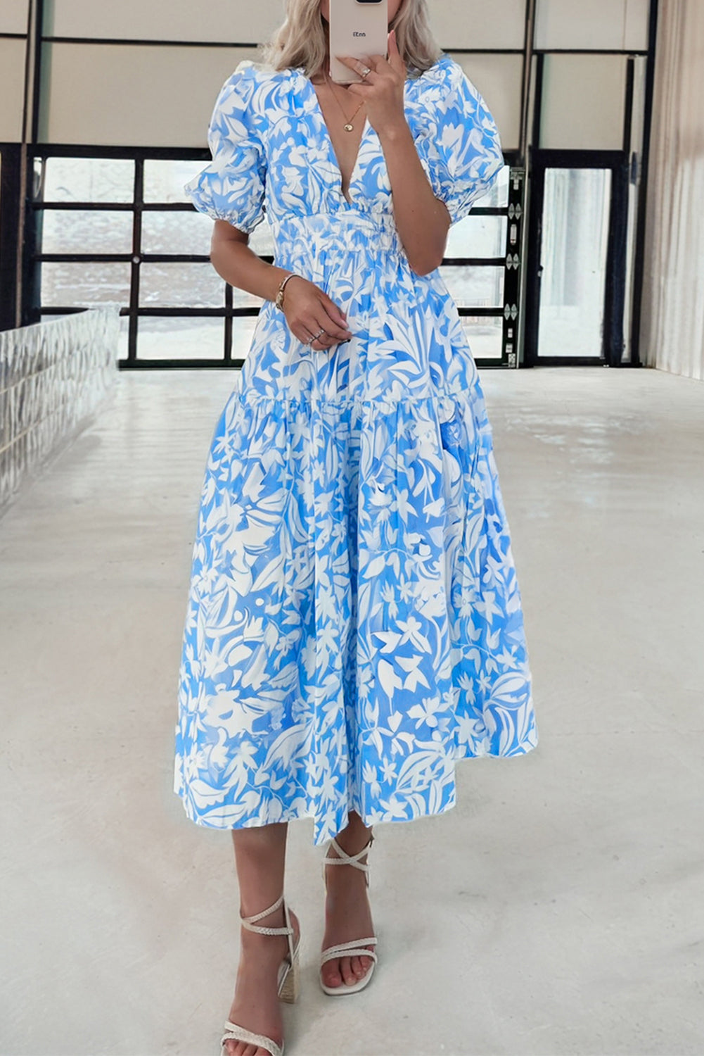 Sky Blue Floral V Neck Puff Short Sleeve Flowy Long Dress-TOPS / DRESSES-[Adult]-[Female]-Sky Blue-S-2022 Online Blue Zone Planet