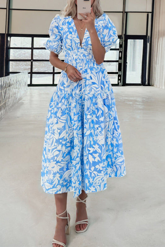 Sky Blue Floral V Neck Puff Short Sleeve Flowy Long Dress-TOPS / DRESSES-[Adult]-[Female]-Sky Blue-S-2022 Online Blue Zone Planet