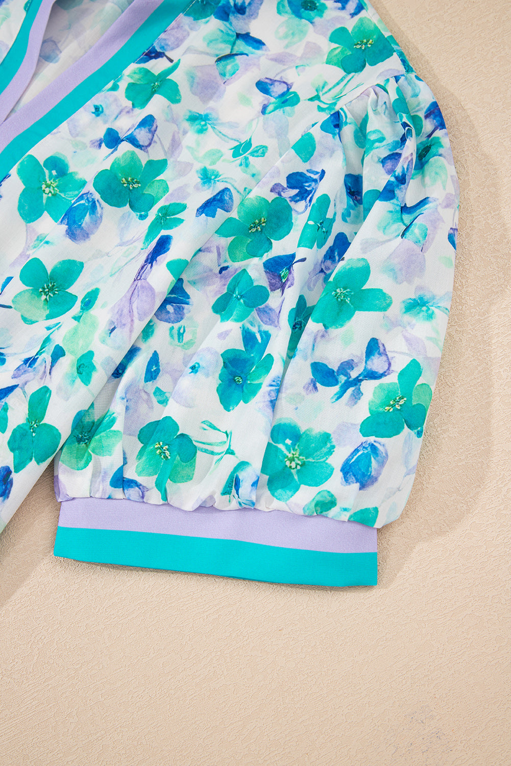 Green Floral Print Striped Trim Split V Neck Puff Short Sleeve Blouse-Tops/Blouses & Shirts-[Adult]-[Female]-2022 Online Blue Zone Planet