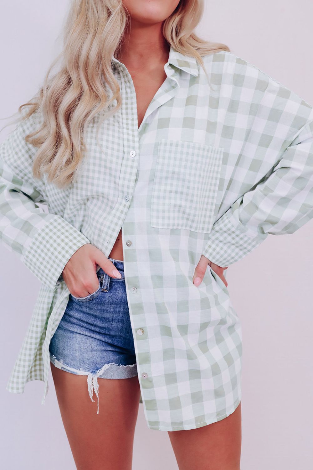 Pocketed Plaid Collared Neck Long Sleeve Shirt-TOPS / DRESSES-[Adult]-[Female]-2022 Online Blue Zone Planet