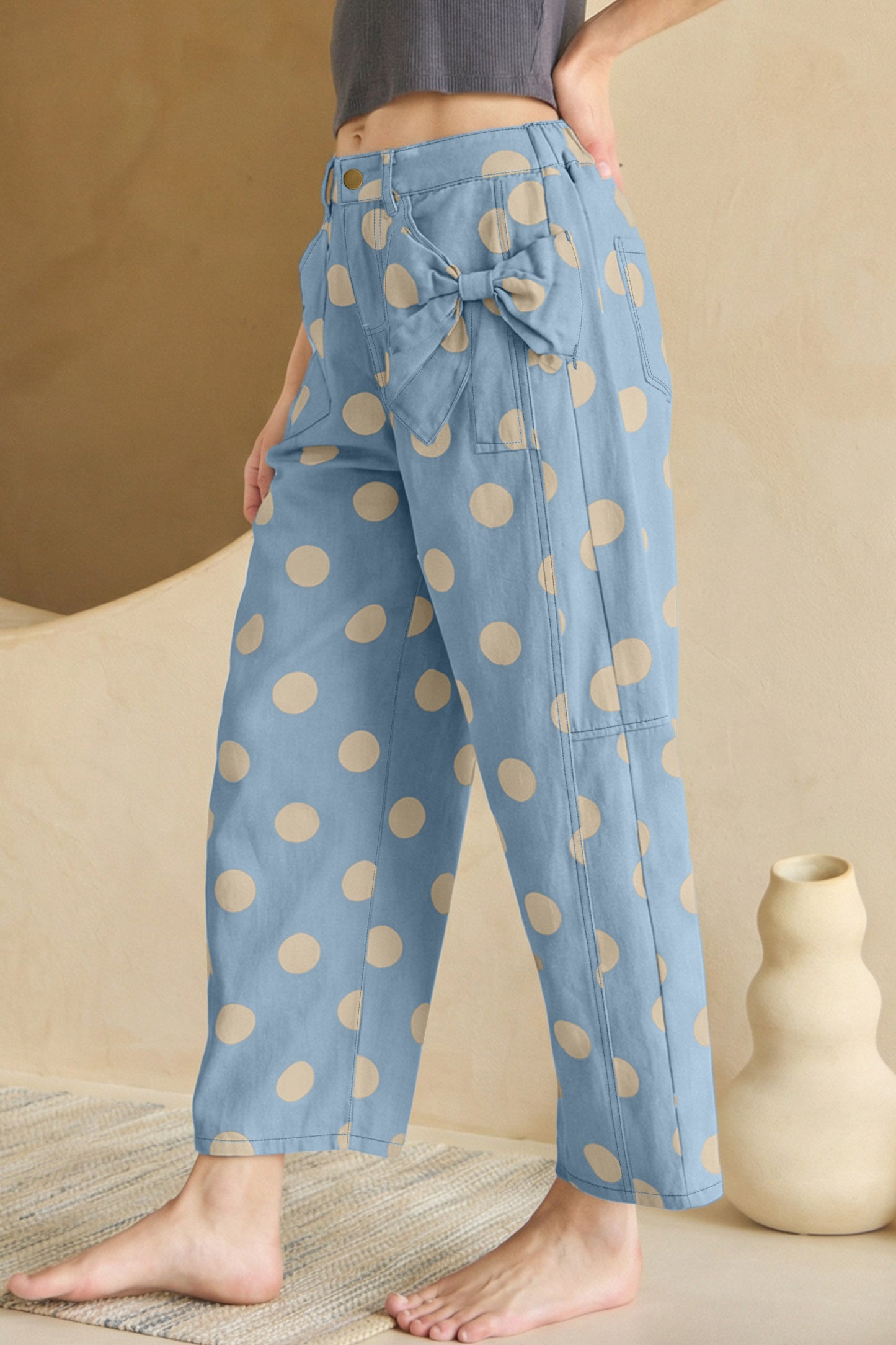 White Polka Dot Print Bow Detail Pocketed Jeans-Bottoms/Jeans-[Adult]-[Female]-2022 Online Blue Zone Planet