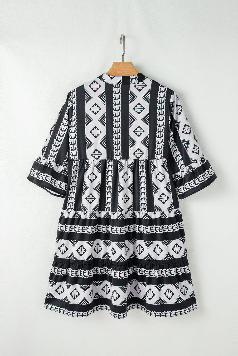 Black Geometric Print V Neck Ruffled Dress-Dresses/Mini Dresses-[Adult]-[Female]-2022 Online Blue Zone Planet