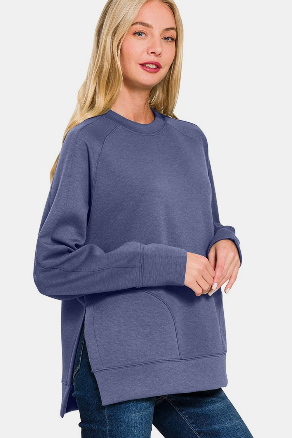 Zenana Scuba Round Neck Side Slit Sweatshirt-TOPS / DRESSES-[Adult]-[Female]-2022 Online Blue Zone Planet