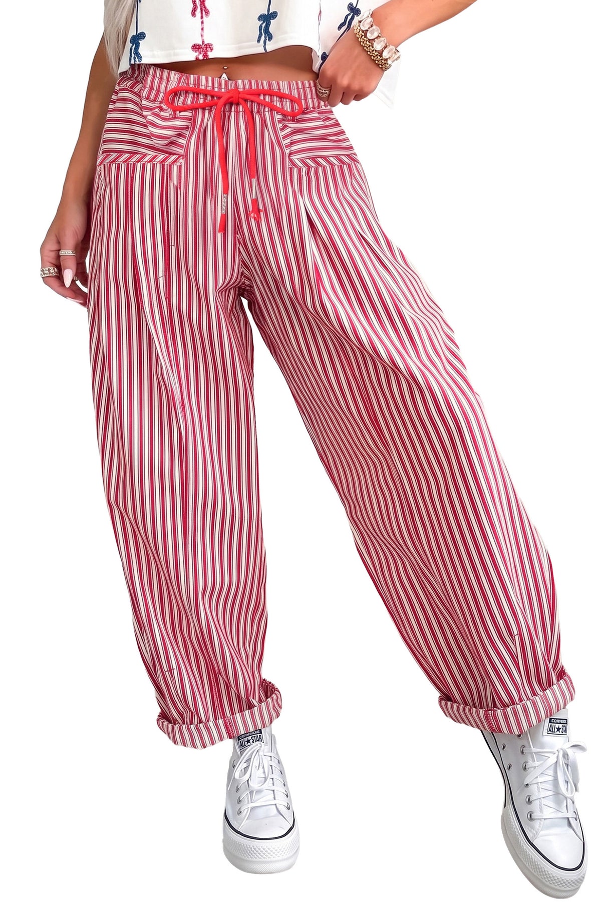 Red Stripe Drawstring Casual Loose Pants-Bottoms/Pants & Culotte-[Adult]-[Female]-2022 Online Blue Zone Planet