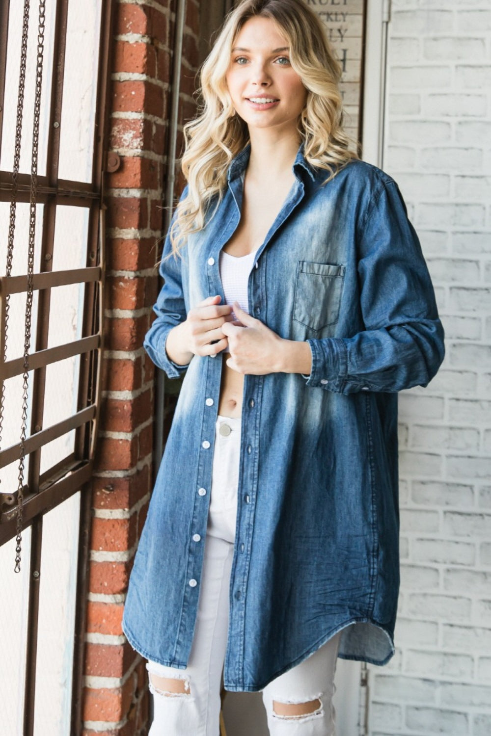 Blue Zone Planet | Veveret Pocketed Button Up Washed Denim Shirt-TOPS / DRESSES-[Adult]-[Female]-MEDWASH-S-2022 Online Blue Zone Planet