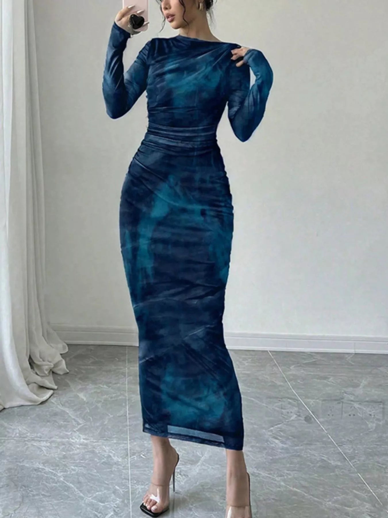 Women's Tie - Dye Long - Sleeve Bodycon Maxi Dress, Stylish and Slim - Fitting Dress for Casual and Party Wear blue S Women's Tie - Dye Long - Sleeve Bodycon Maxi Dress, Stylish and Slim - Fitting Dress for Casual and Party Wear blue S