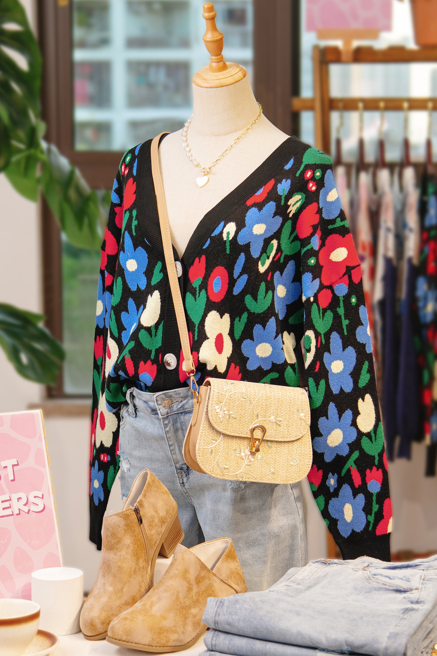 Black Floral Print V Neck Buttoned Short Cardigan Sweater-TOPS / DRESSES-[Adult]-[Female]-2022 Online Blue Zone Planet