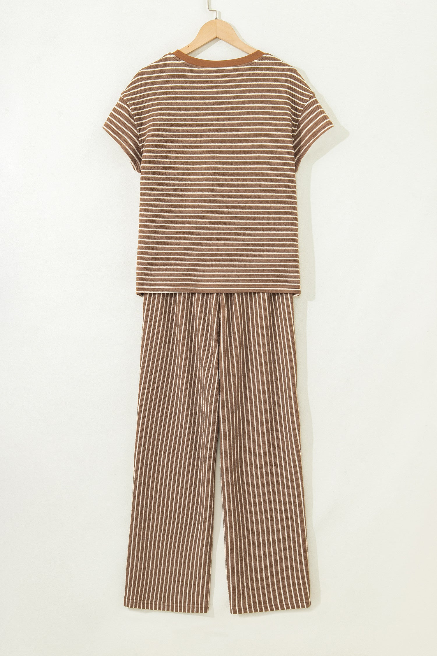 Khaki Stripe Crew Neck Tee Drawstring Waist Cropped Pants Set-Two Piece Sets/Pant Sets-[Adult]-[Female]-2022 Online Blue Zone Planet
