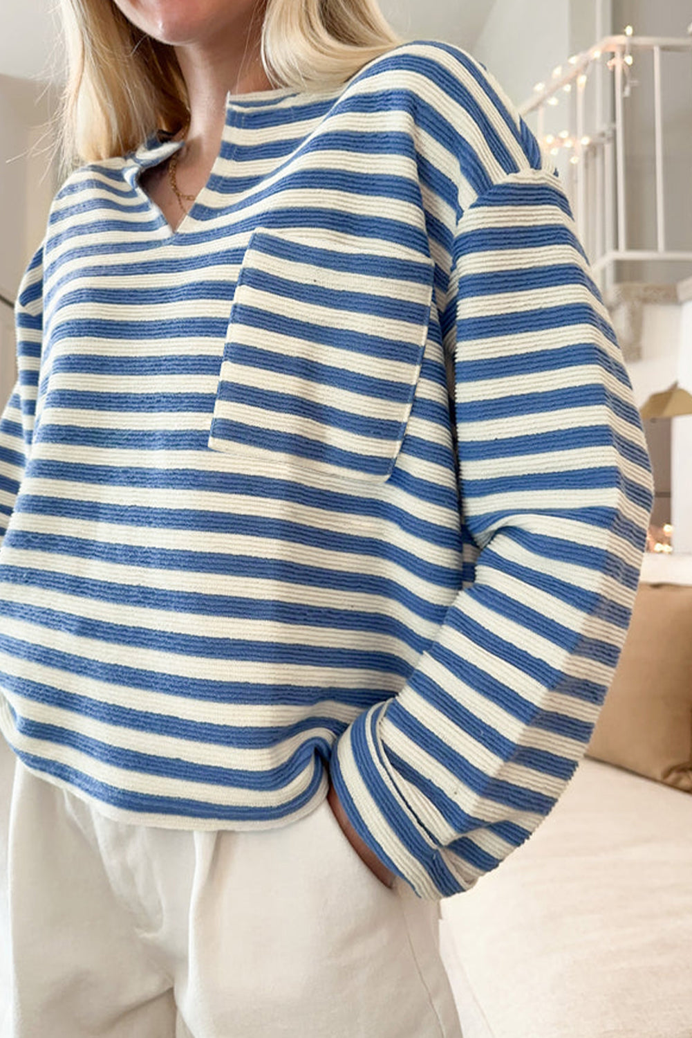Sky Blue Stripe Chest Pocket Buttoned Back Notched V Neck Top-Tops/Long Sleeve Tops-[Adult]-[Female]-2022 Online Blue Zone Planet