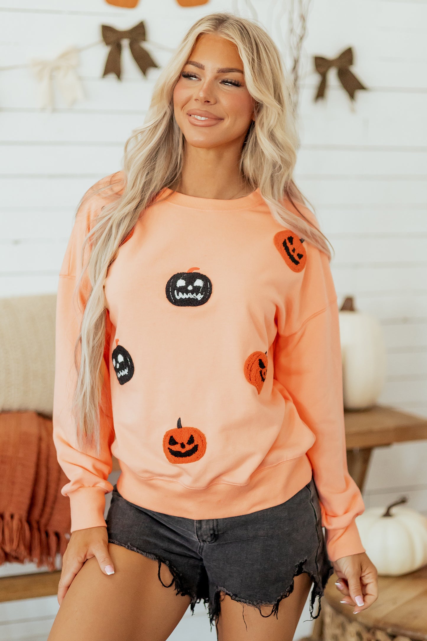 Orange Embroidered Pumpkin Face Drop Shoulder Sweatshirt-Tops/Sweatshirts & Hoodies-[Adult]-[Female]-2022 Online Blue Zone Planet