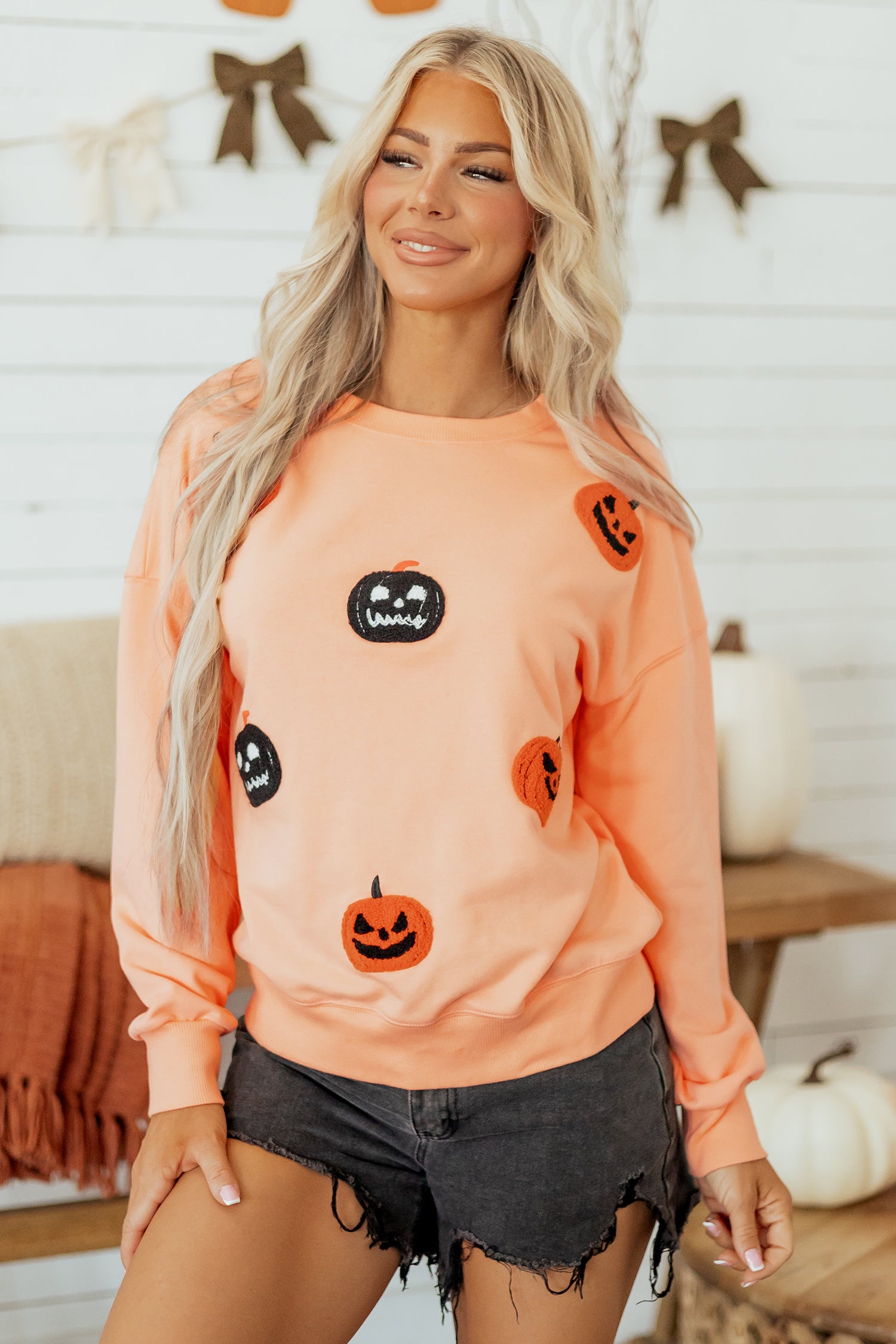 Orange Embroidered Pumpkin Face Drop Shoulder Sweatshirt-Tops/Sweatshirts & Hoodies-[Adult]-[Female]-2022 Online Blue Zone Planet