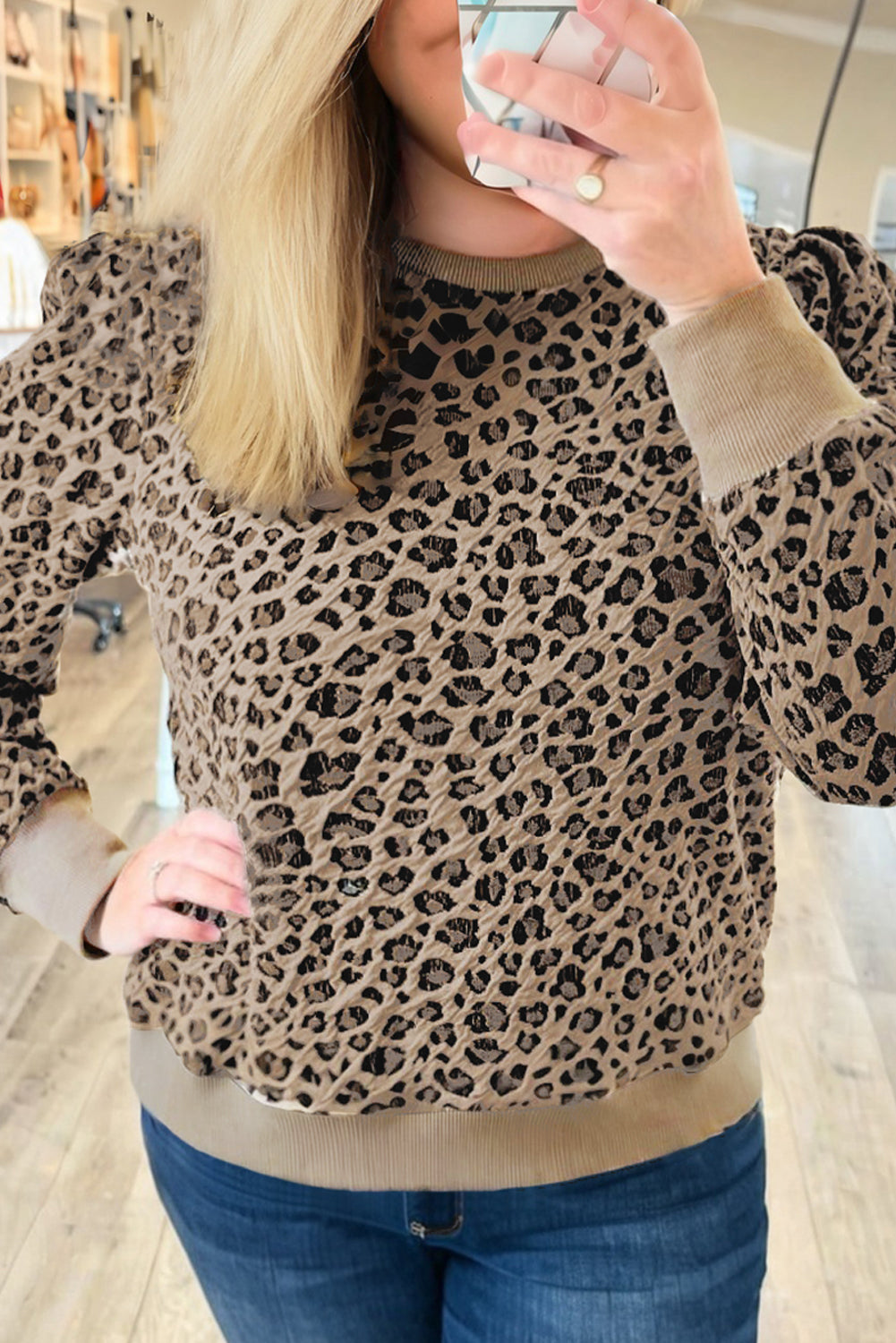 Khaki Leopard Textured Ribbed Trim Plus Size Long Sleeve Top-Plus Size/Plus Size Tops/Plus Size Long Sleeve Tops-[Adult]-[Female]-Khaki-1X-2022 Online Blue Zone Planet