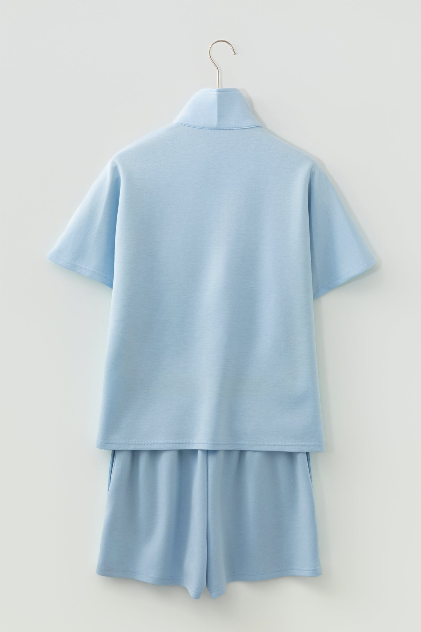 Beau Blue Solid Color Half Zip Loose Short Sleeve Sweatshirt 2pcs Set-Two Piece Sets/Short Sets-[Adult]-[Female]-2022 Online Blue Zone Planet