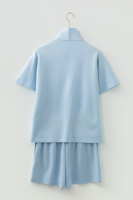 Beau Blue Solid Color Half Zip Loose Short Sleeve Sweatshirt 2pcs Set-Two Piece Sets/Short Sets-[Adult]-[Female]-2022 Online Blue Zone Planet