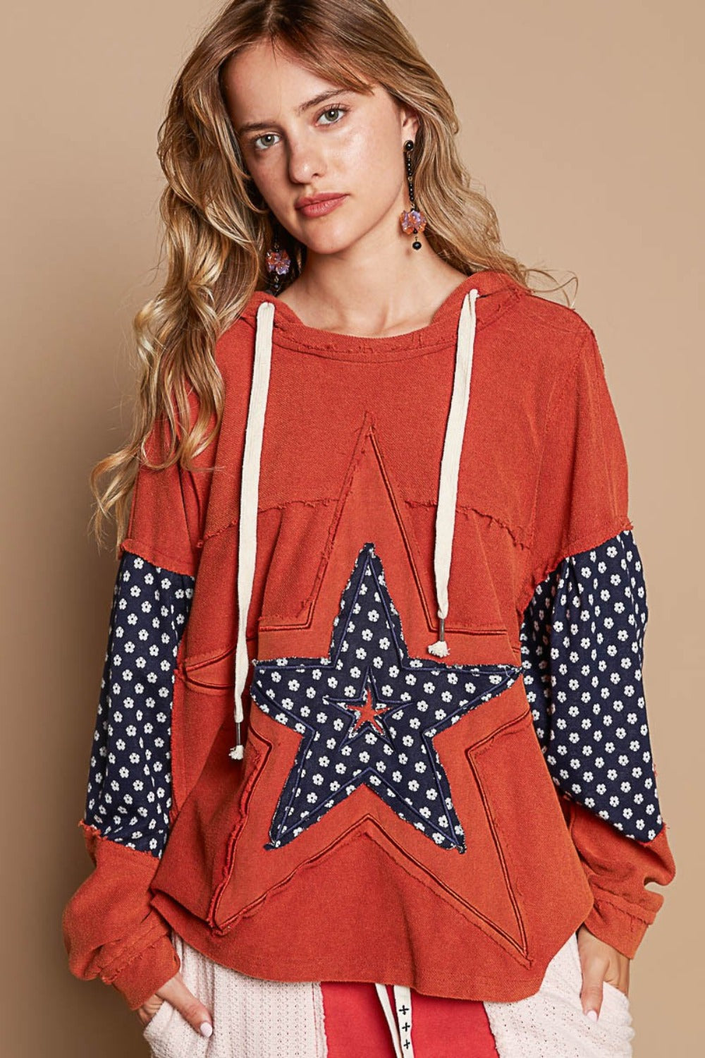 Blue Zone Planet | POL Star Patchwork Raw Edge French Terry Hoodie-TOPS / DRESSES-[Adult]-[Female]-Orange Brick-S-2022 Online Blue Zone Planet