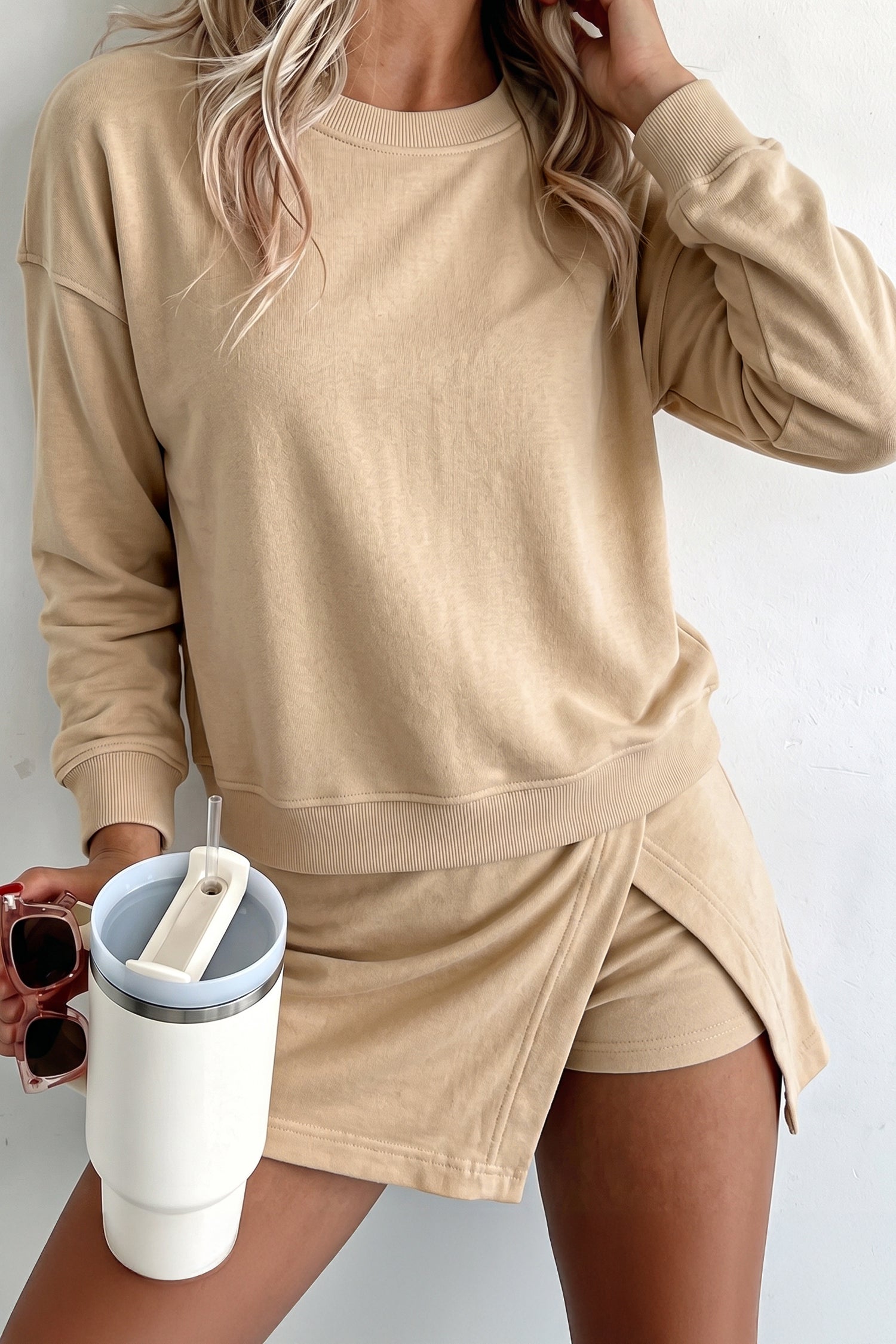 Parchment Solid Color Long Sleeve Top Split Skort 2pcs Outfit-Two Piece Sets/Two Piece Dresses-[Adult]-[Female]-2022 Online Blue Zone Planet