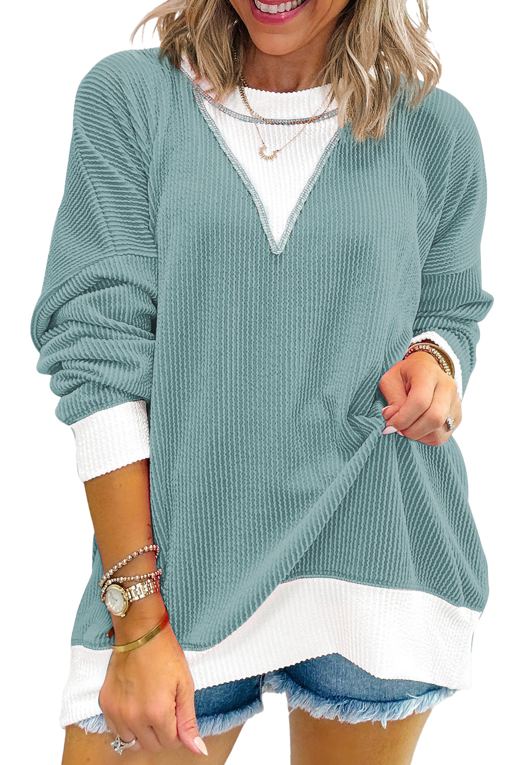 Light Blue Corded Colorblock Drop Shoulder Loose Top-Tops/Long Sleeve Tops-[Adult]-[Female]-2022 Online Blue Zone Planet