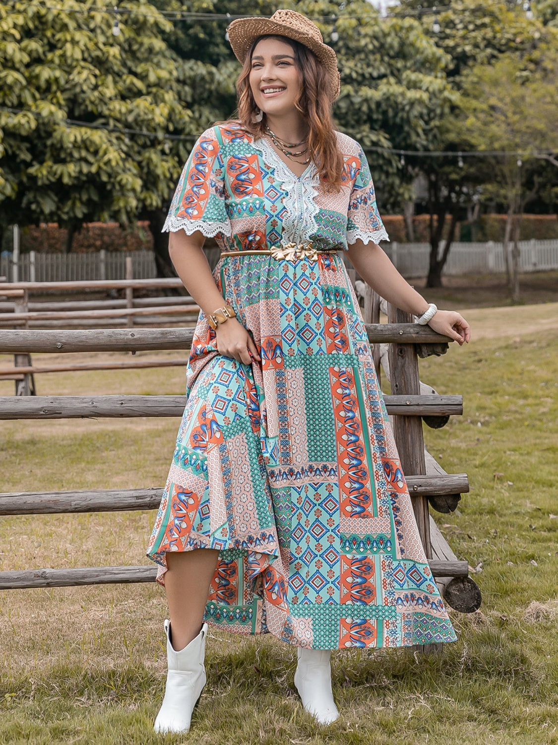 Plus Size Lace Detail Printed Half Sleeve Midi Dress-TOPS / DRESSES-[Adult]-[Female]-2022 Online Blue Zone Planet