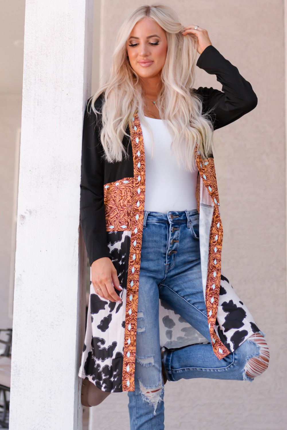 Black Western Pattern Cow Patchwork Open Front Cardigan-Sweaters & Cardigans/Cardigans-[Adult]-[Female]-2022 Online Blue Zone Planet