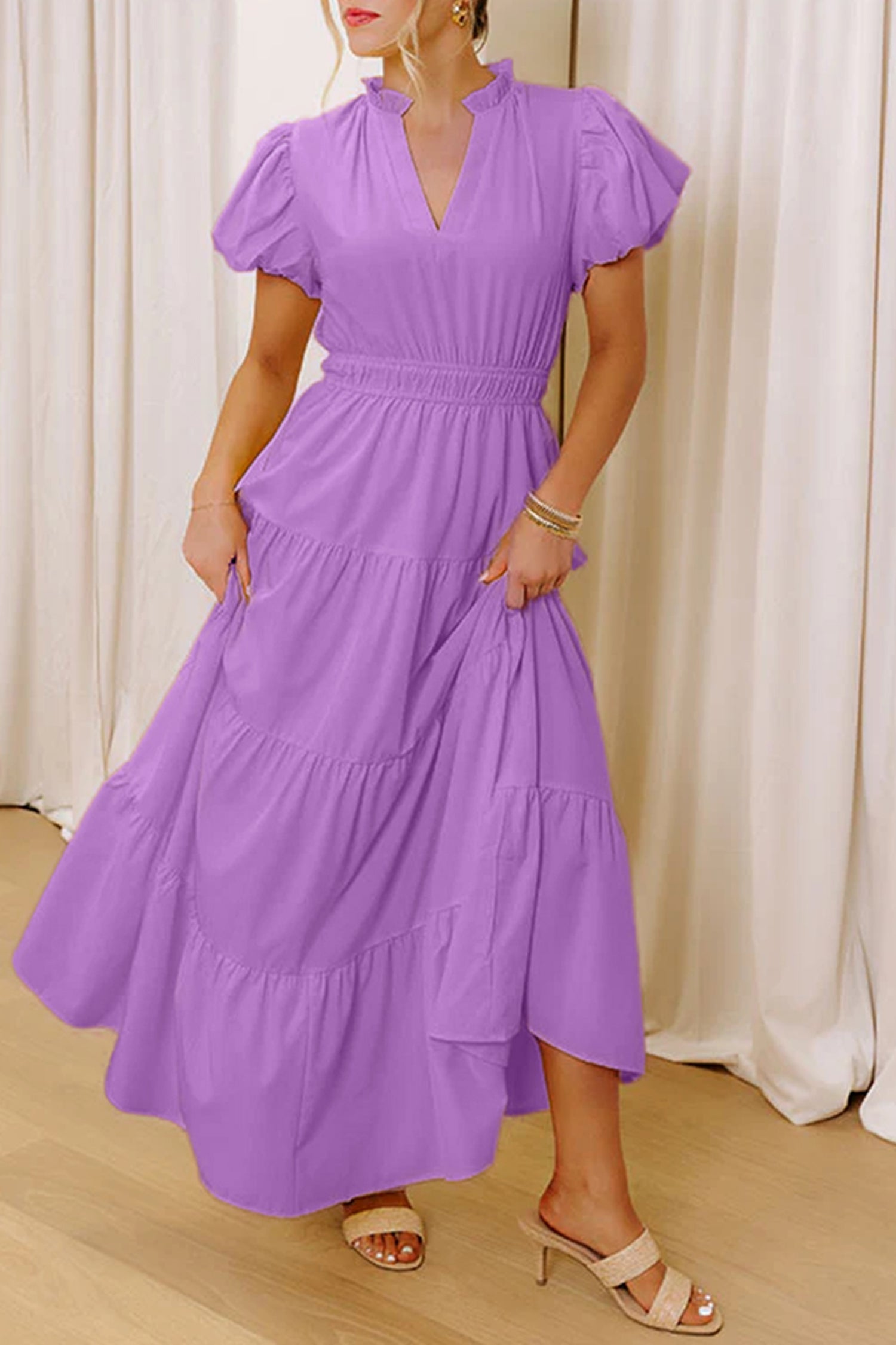 Coral Solid Color V Neck Short Puff Sleeve High Waist Tiered Maxi Dress Lavendula / XL / 100%Polyester by Blue Zone Planet