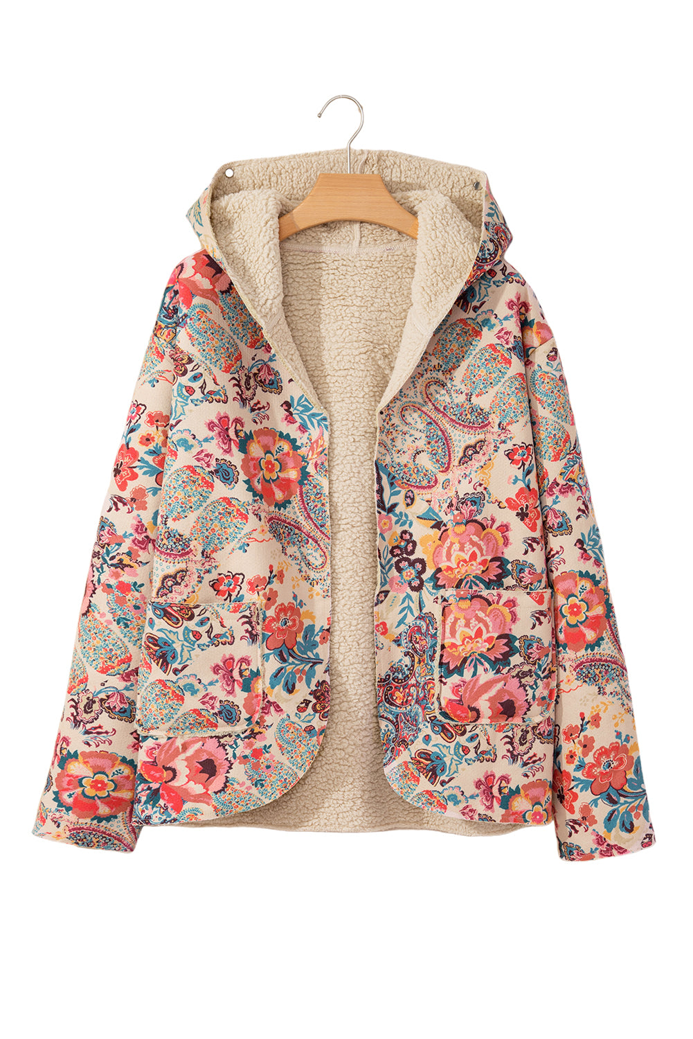 Blue Zone Planet | Beige Vintage Paisley Floral Printed Sherpa Lined Hooded Jacket-Jackets-[Adult]-[Female]-2022 Online Blue Zone Planet