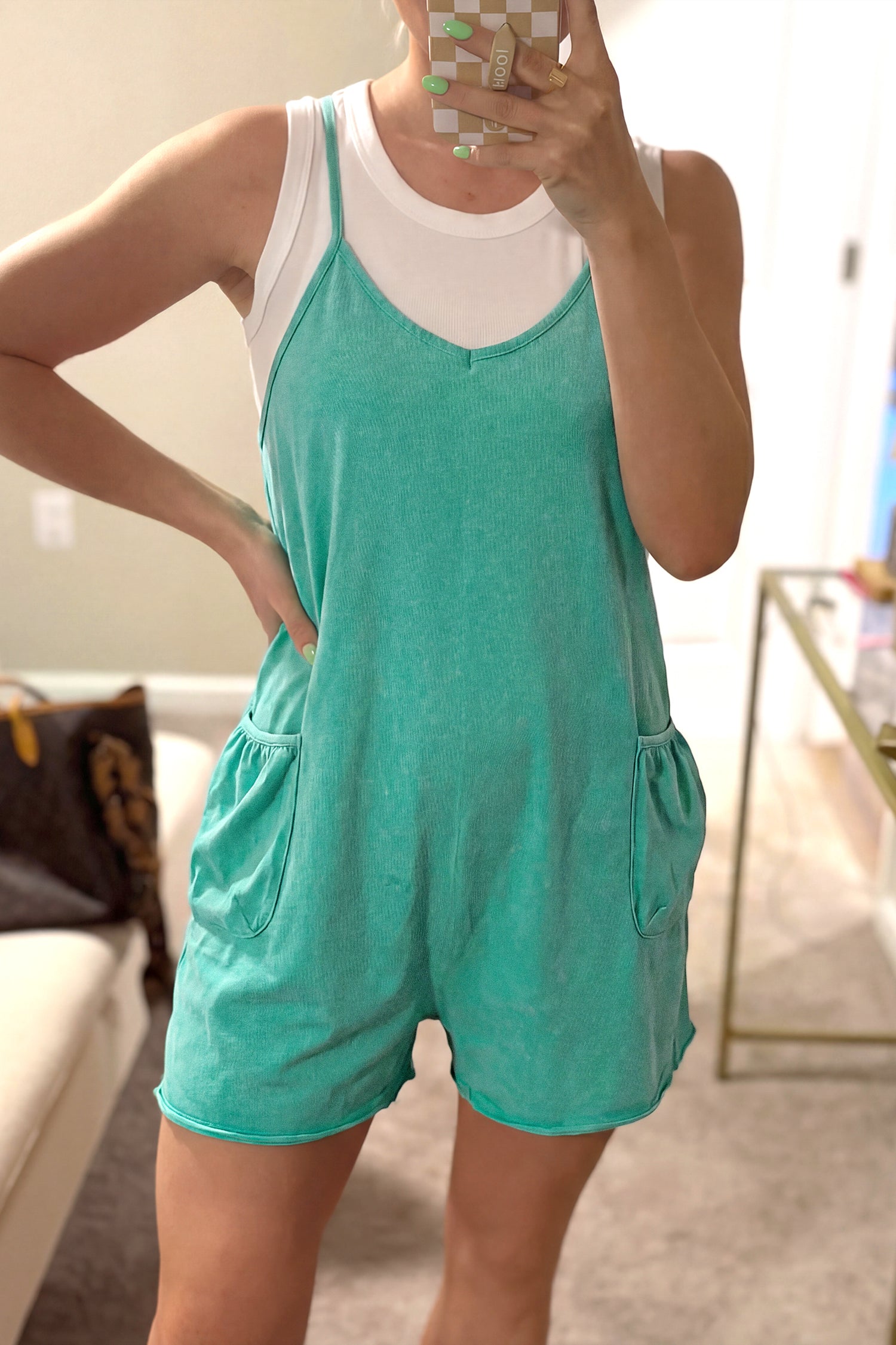 Mint Green Mineral Wash Spaghetti Straps Pocketed Romper-Bottoms/Jumpsuits & Rompers-[Adult]-[Female]-Mint Green-S-2022 Online Blue Zone Planet