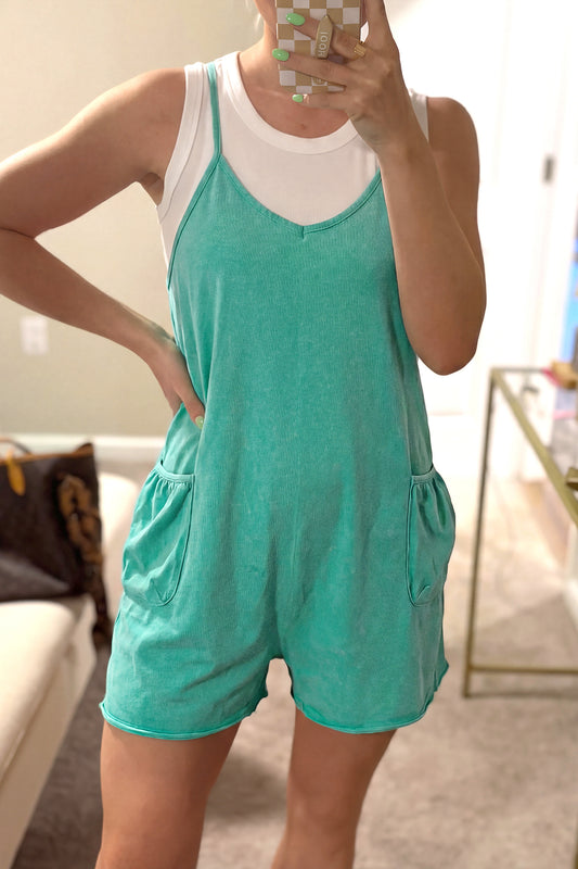 Mint Green Mineral Wash Spaghetti Straps Pocketed Romper-Bottoms/Jumpsuits & Rompers-[Adult]-[Female]-Mint Green-S-2022 Online Blue Zone Planet