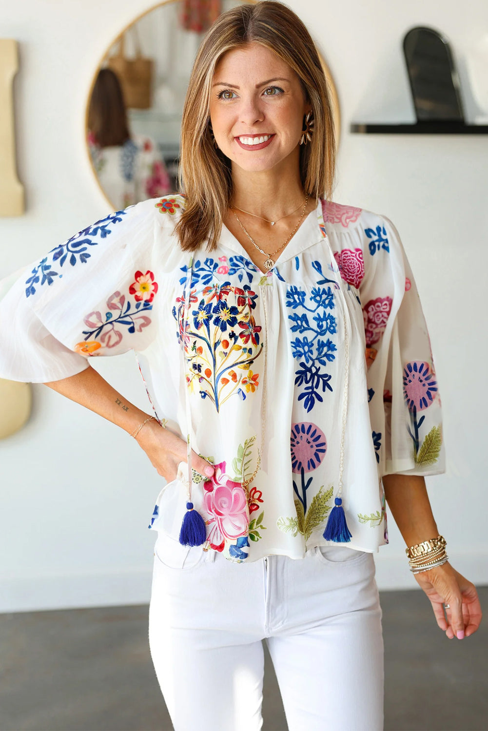 White Floral Print Tassel Tie Bracelet Sleeve Flowy Blouse-Bracelet-[Adult]-[Female]-2022 Online Blue Zone Planet