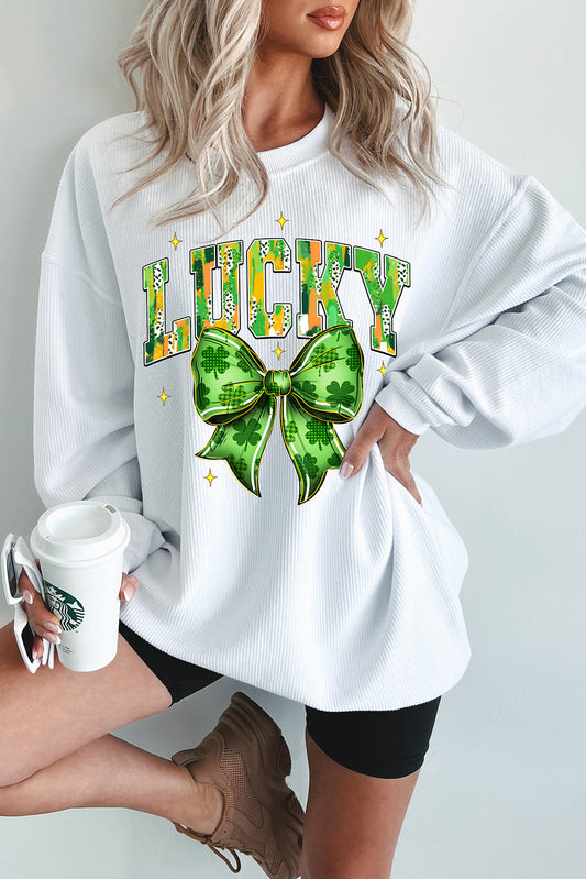White LUCKY Clover Bow Printed St Patricks Corded Sweatshirt-Graphic Sweatshirts-[Adult]-[Female]-White-S-2022 Online Blue Zone Planet