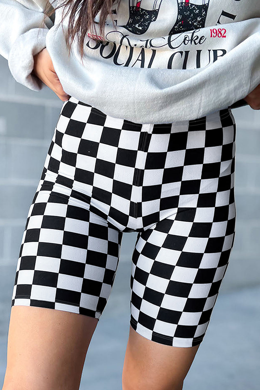 Blue Zone Planet | Black Checkerboard Printed High Waist Biker Shorts-Bottoms/Leggings-[Adult]-[Female]-Black-S-2022 Online Blue Zone Planet