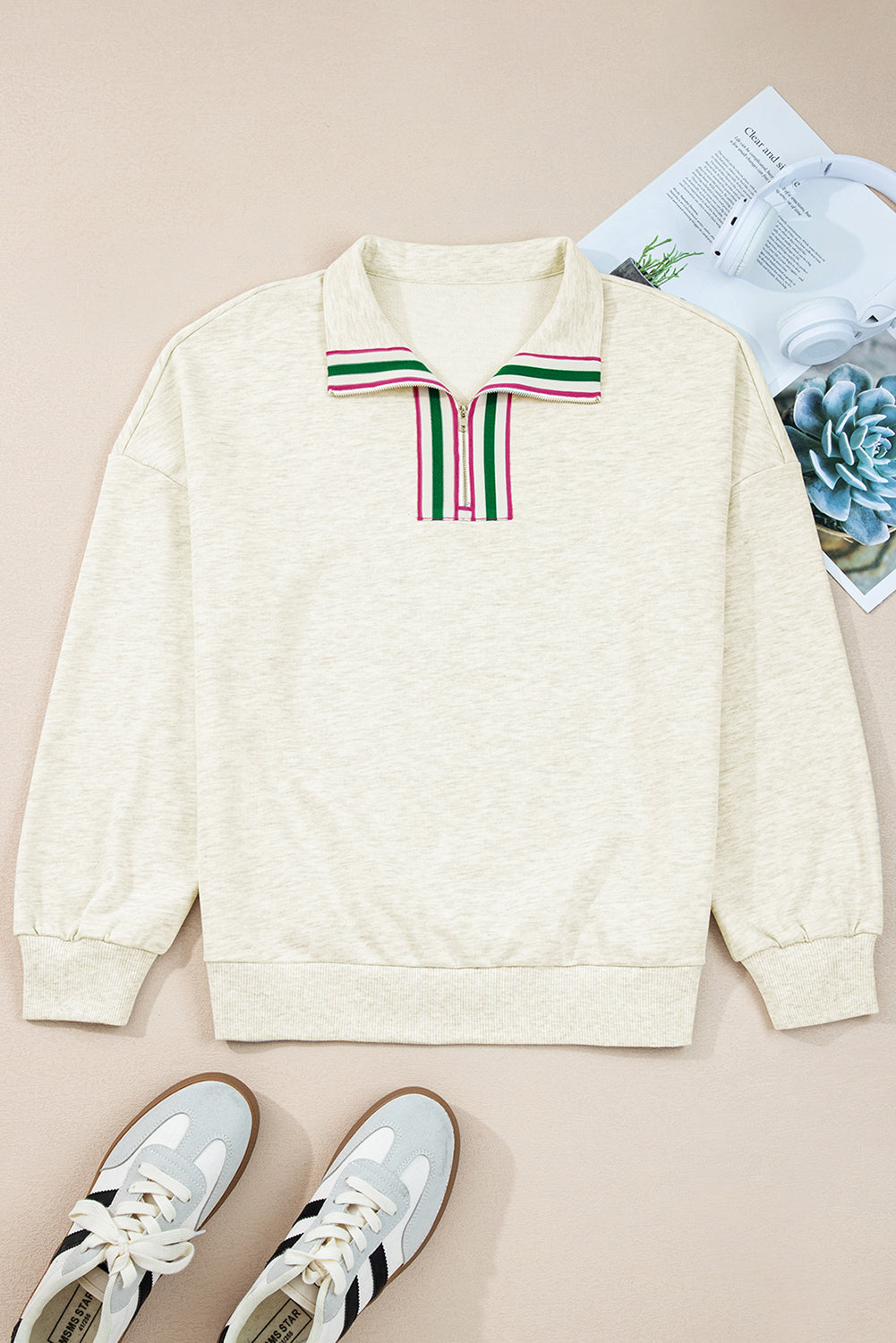 Light Grey Contrast Striped Patchwork Zip Collar Pullover Sweatshirt-Tops/Sweatshirts & Hoodies-[Adult]-[Female]-2022 Online Blue Zone Planet