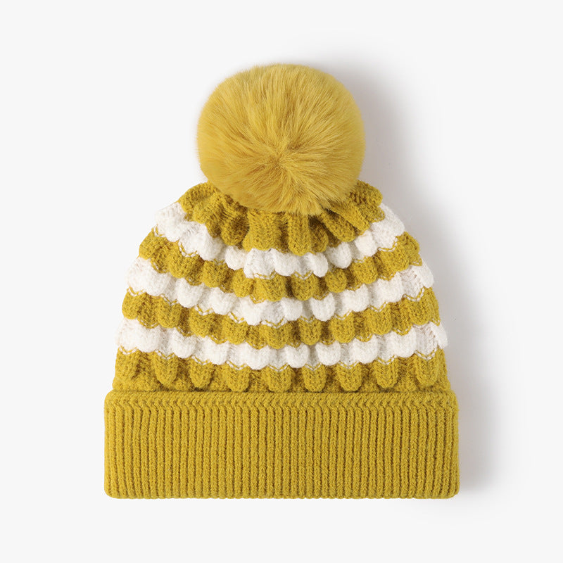 Striped Contrast Knit Hat with Pom-pom-HATS-[Adult]-[Female]-Yellow-One Size-2022 Online Blue Zone Planet