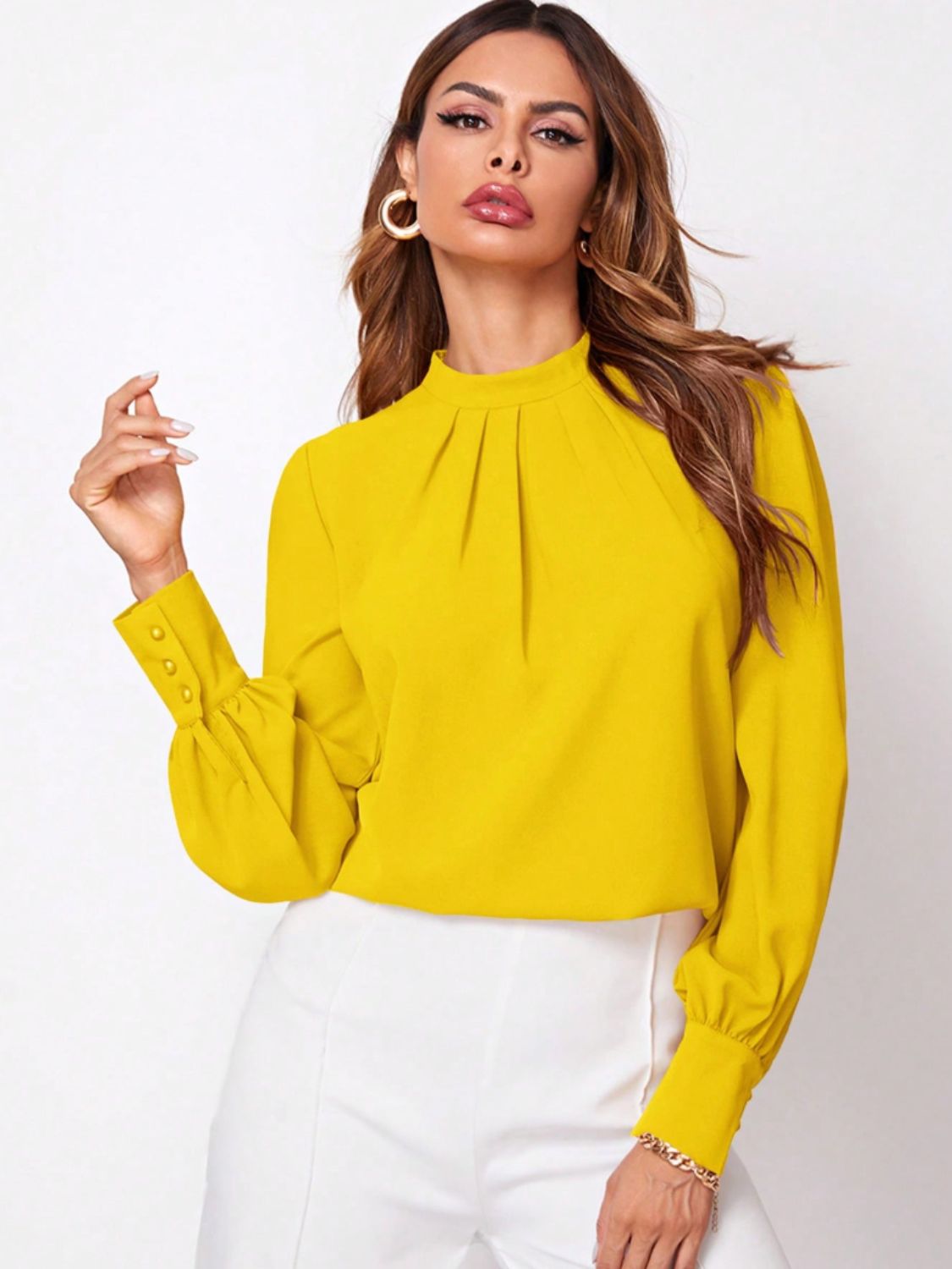 Blue Zone Planet | Ruched Mock Neck Long Sleeve Blouse-TOPS / DRESSES-[Adult]-[Female]-Yellow-XS-2022 Online Blue Zone Planet