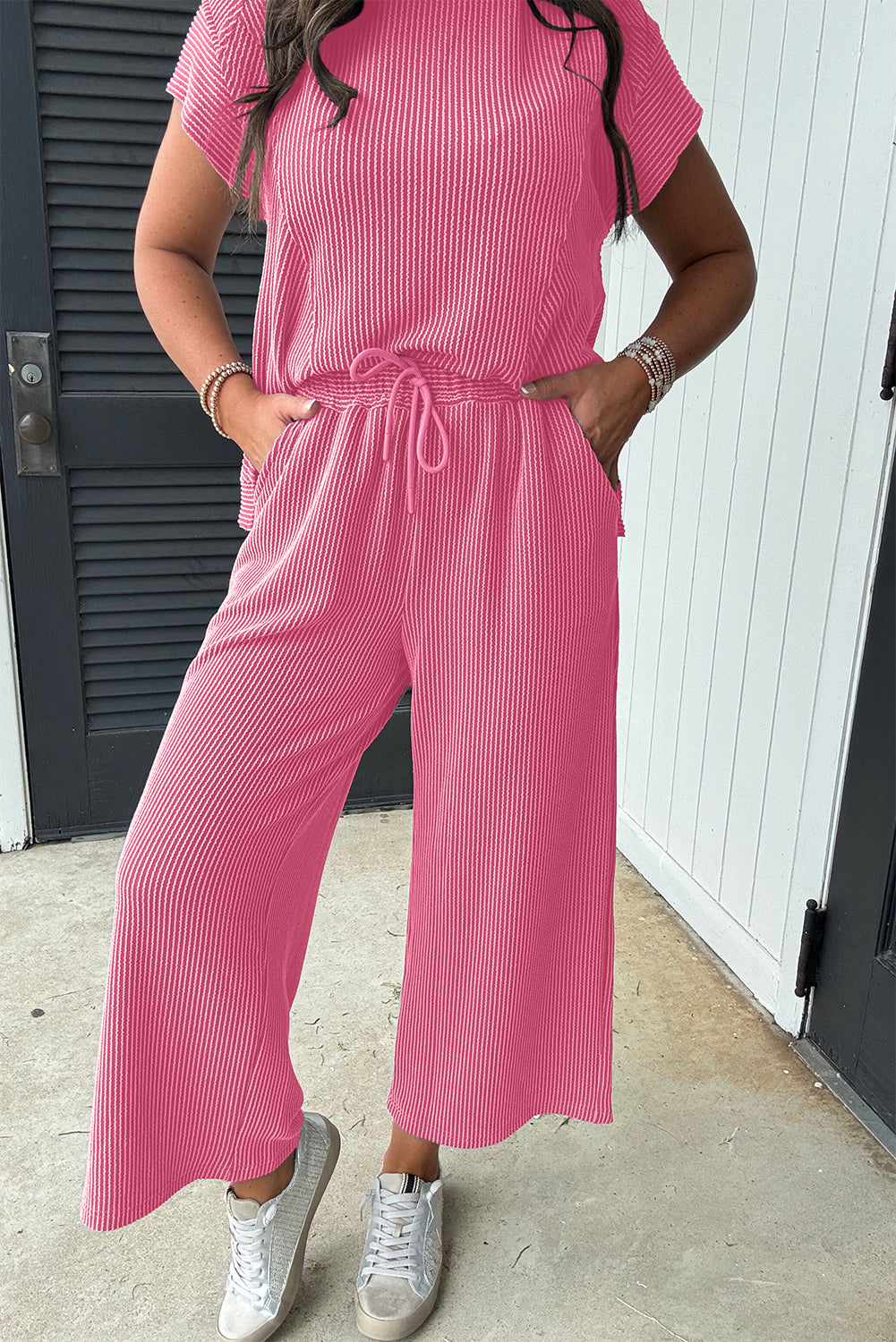 Blue Zone Planet | Wild Wind Solid Corded Knit Short Sleeve T Shirt and Wide Leg Pants Set-Two Piece Sets/Pant Sets-[Adult]-[Female]-2022 Online Blue Zone Planet