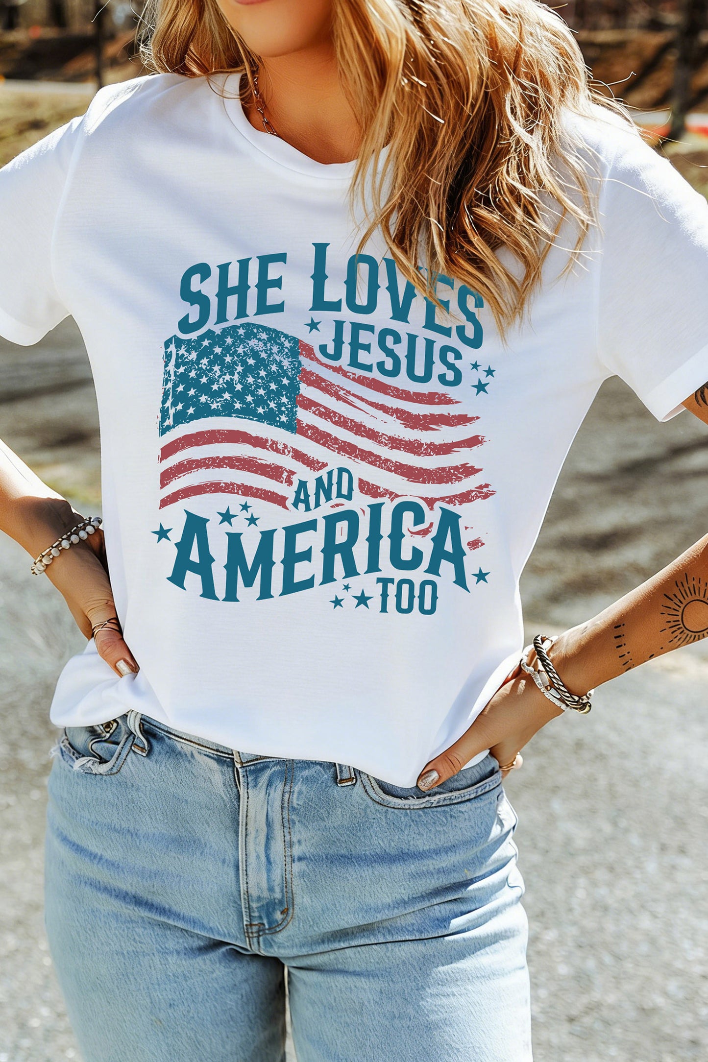 White She Loves Jesus And America Flag Graphic Tee-Graphic/Graphic Tees-[Adult]-[Female]-2022 Online Blue Zone Planet