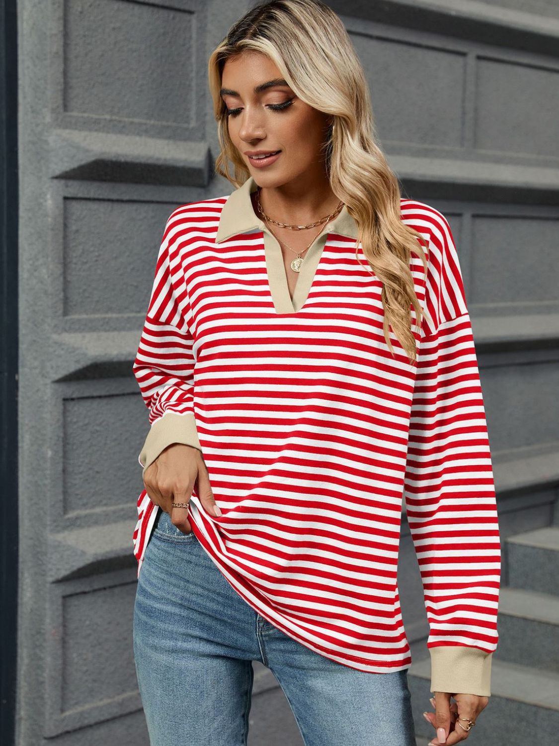 Striped Johnny Collar Long Sleeve Sweatshirt-TOPS / DRESSES-[Adult]-[Female]-2022 Online Blue Zone Planet