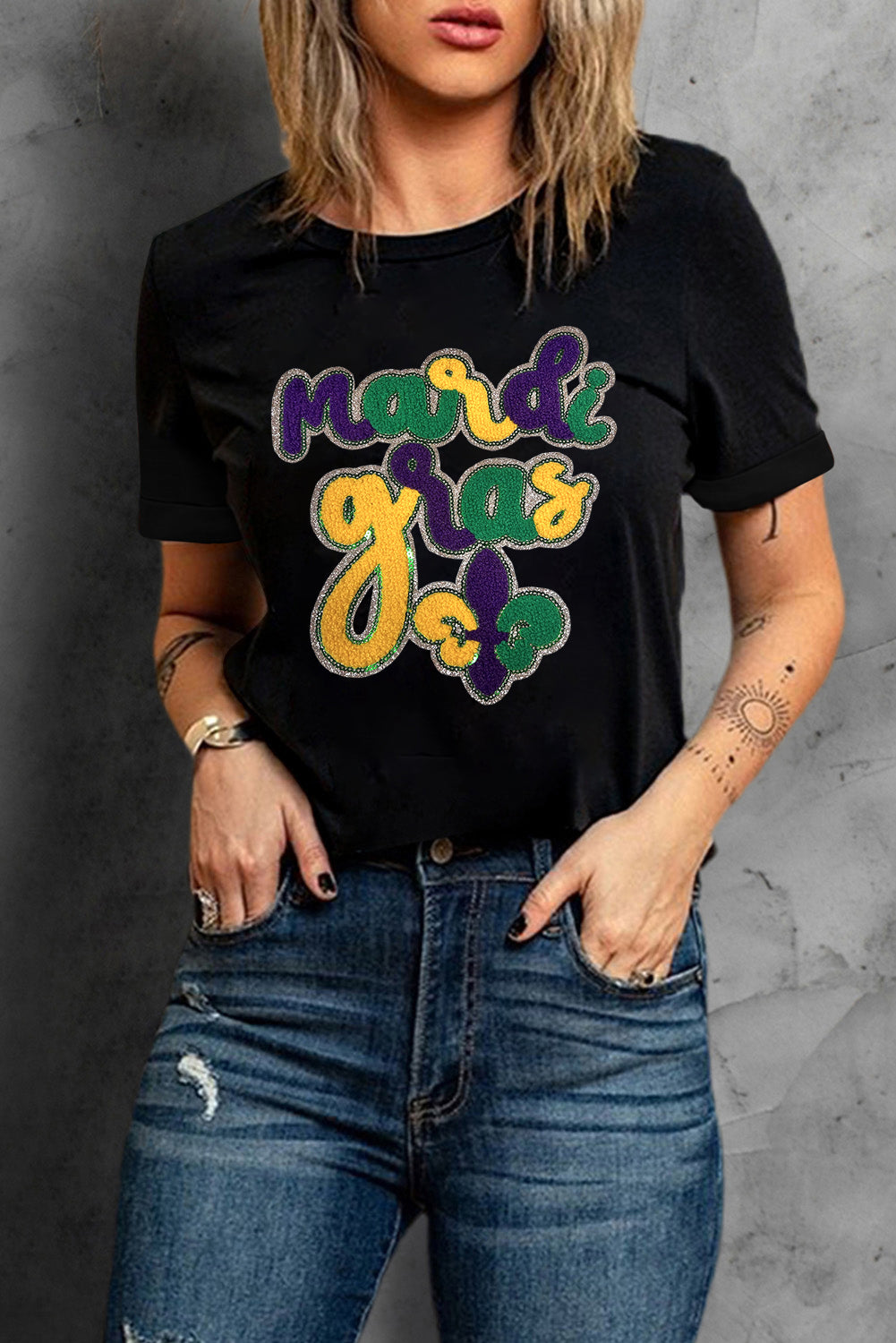 Blue Zone Planet | Black mardi gras Letter Print Casual Crewneck Tee-Graphic Tees-[Adult]-[Female]-2022 Online Blue Zone Planet