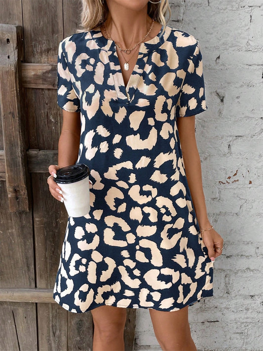 Printed Notched Short Sleeve Mini Dress-TOPS / DRESSES-[Adult]-[Female]-Navy-S-2022 Online Blue Zone Planet