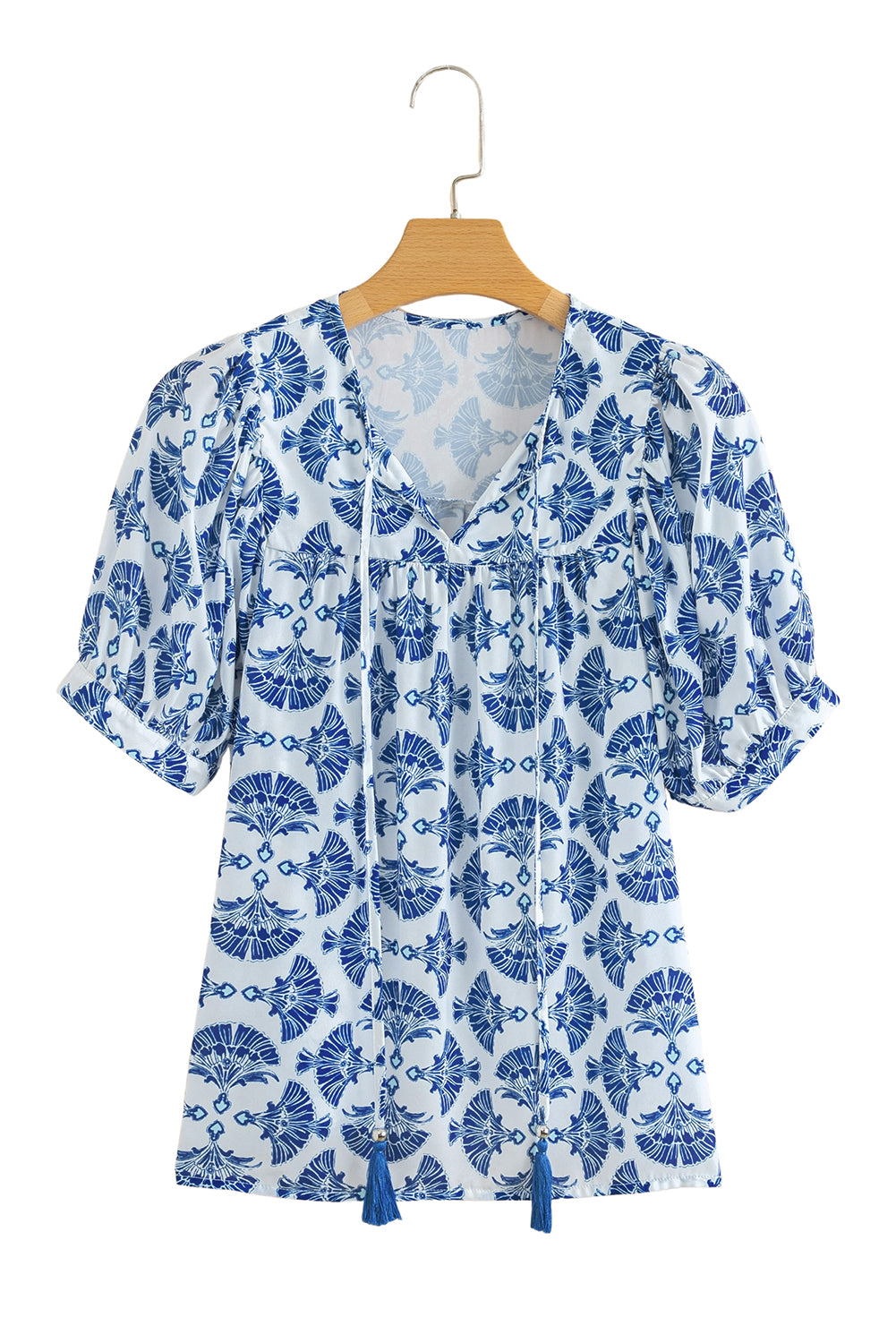 Sky Blue Geometric Print Tassel Drawstring V Neck Blouse-Tops/Blouses & Shirts-[Adult]-[Female]-2022 Online Blue Zone Planet