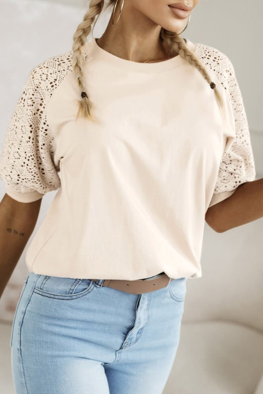 Jet Stream Lace Crochet Short Sleeve Round Neck T Shirt-Tops/Tops & Tees-[Adult]-[Female]-Jet Stream-S-2022 Online Blue Zone Planet