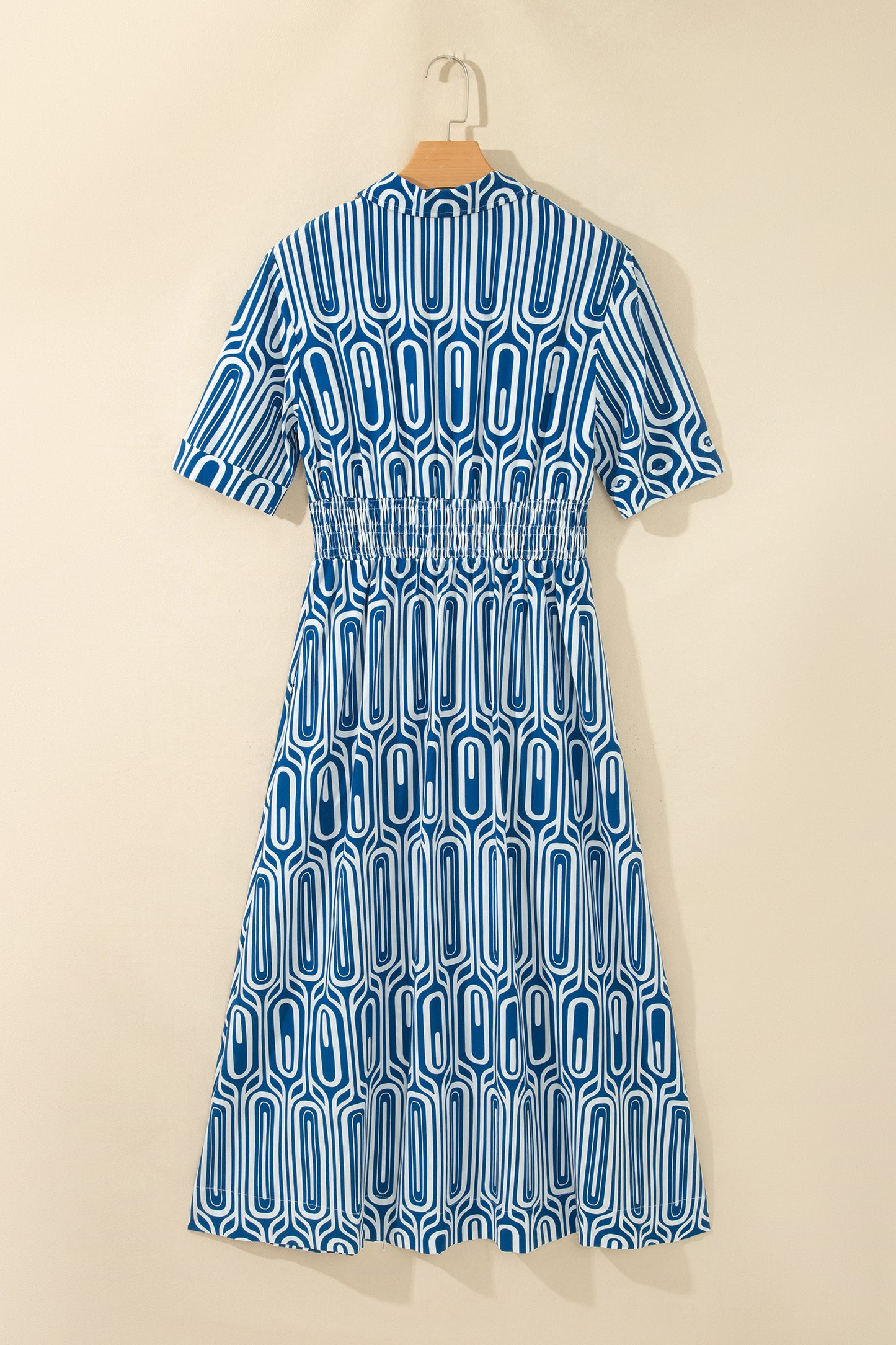 Blue Geometric Print Short Sleeve Drawstring Shirt Collar Dress-TOPS / DRESSES-[Adult]-[Female]-2022 Online Blue Zone Planet