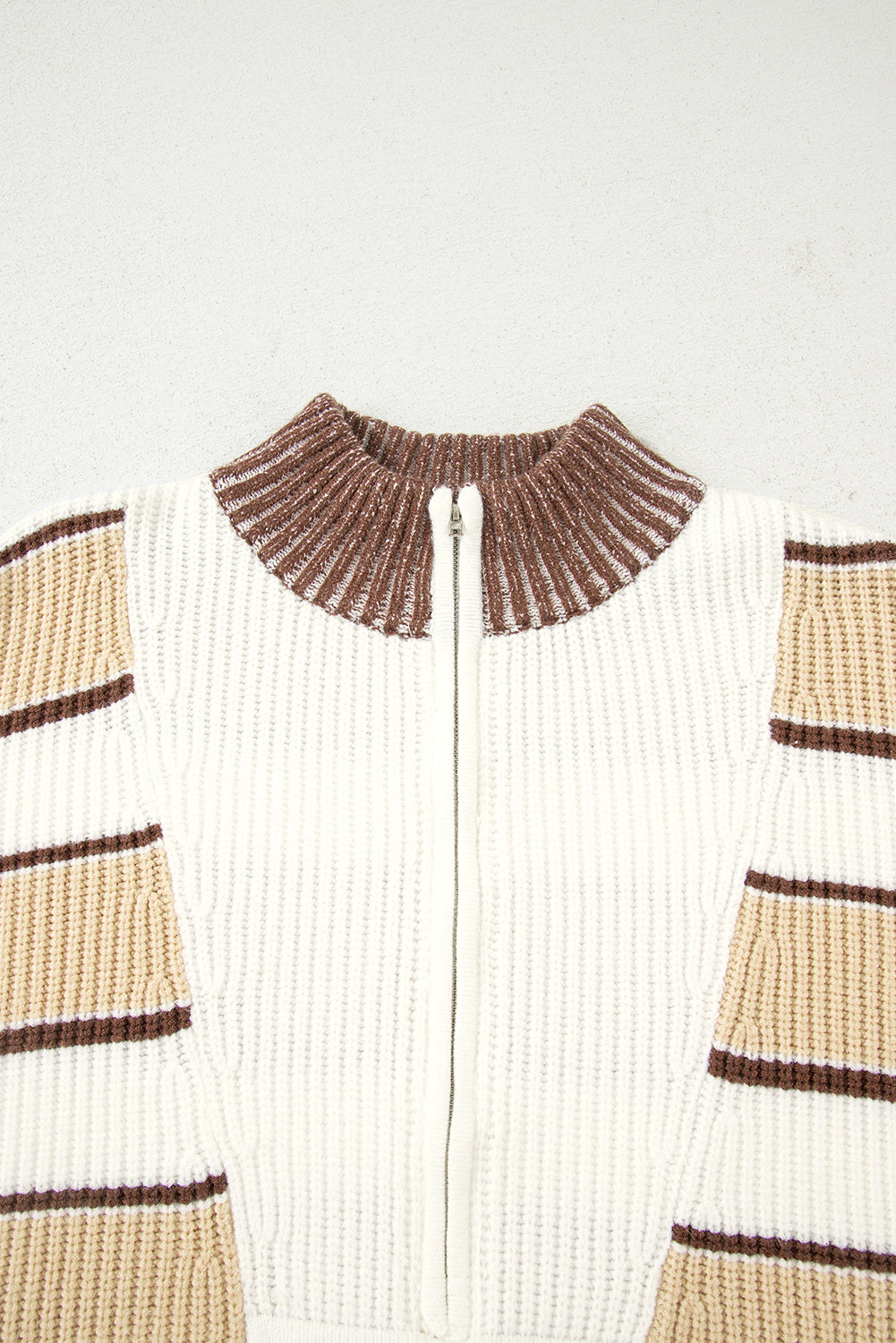Khaki Stripe Half Zip Drop Shoulder Womens Sweater-TOPS / DRESSES-[Adult]-[Female]-2022 Online Blue Zone Planet
