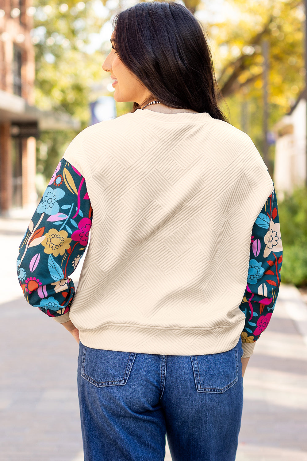 White Contrast Floral Sleeve Textured Drop Shoulder Knit Top-Tops/Long Sleeve Tops-[Adult]-[Female]-2022 Online Blue Zone Planet