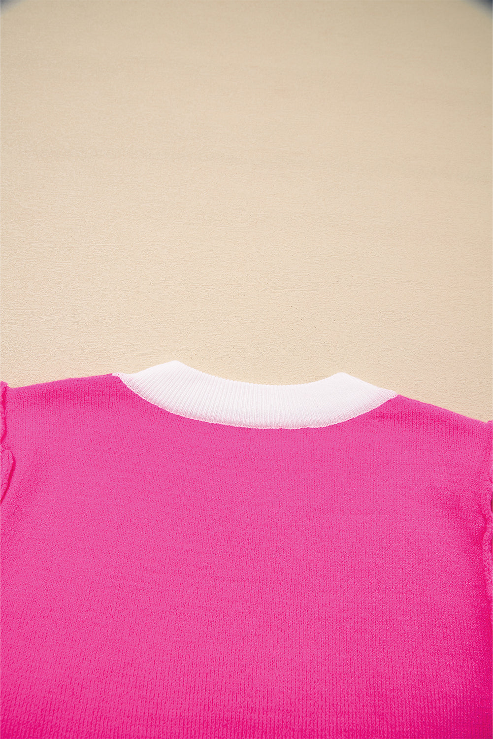 Bright Pink XOXO Embroidered Graphic Valentines Contrast Trim Crew Neck Short Puff Sleeve Sweater Tee-TOPS / DRESSES-[Adult]-[Female]-2022 Online Blue Zone Planet