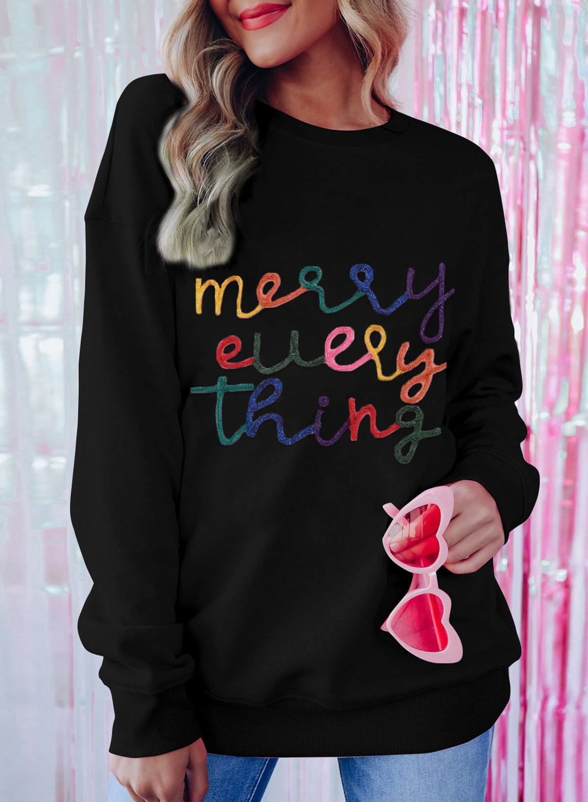 Black Merry Every Thing Tinsel Slogan Sweatshirt-Tops/Sweatshirts & Hoodies-[Adult]-[Female]-Black-S-2022 Online Blue Zone Planet